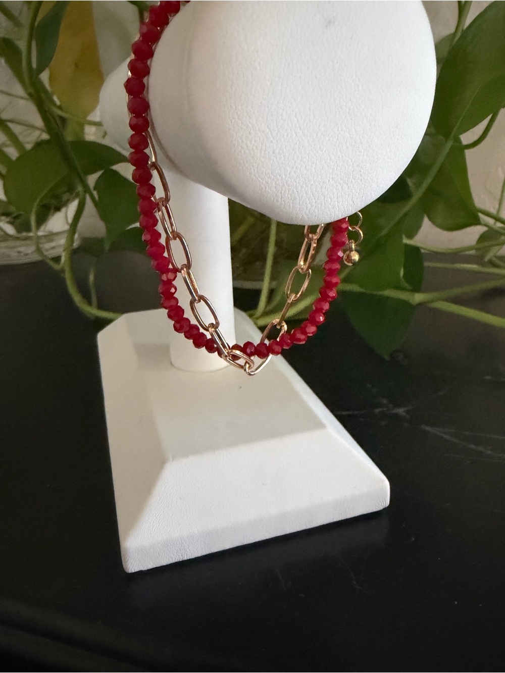 Vintage Dainty Gold Chain & Red Facet Cut Glass Beaded Bracelet